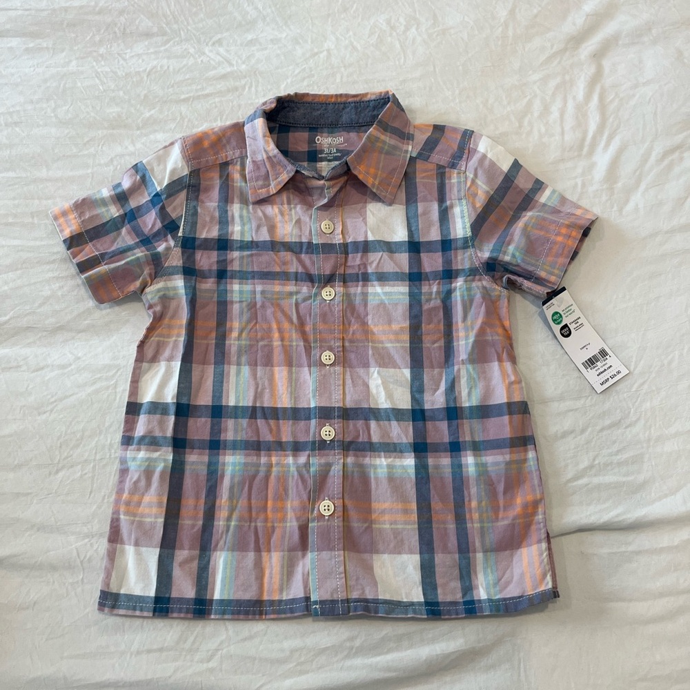 NWT OshKosh B'gosh Plaid Boys’ Shirt - pink orange and blue 3T